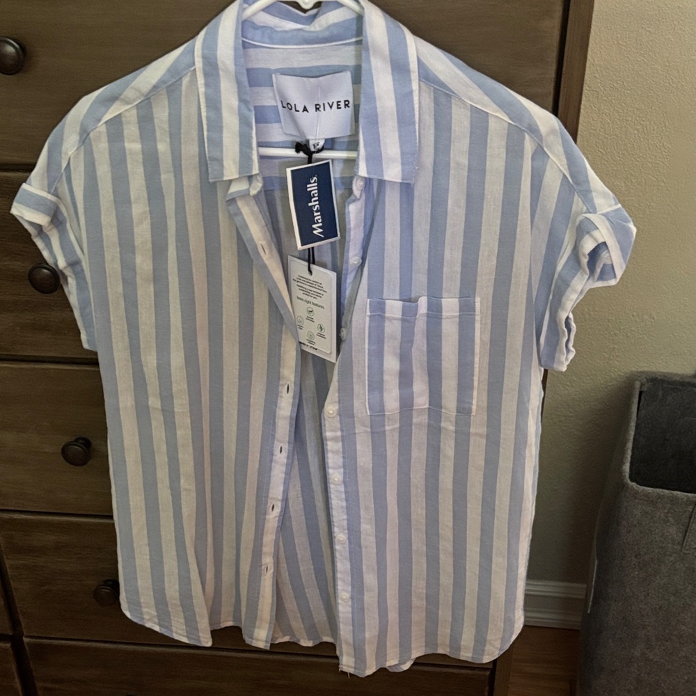Lola River Women's Blue and White Striped Button Down Shirt